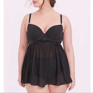 BLACK LACE & MESH HARNESS WAIST UNDERWIRE BABYDOLL